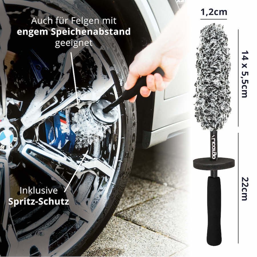 Durchdachte Bürste=>Unsere Felgenbürste bietet Dir einen sicheren Halt, schützt Deine Hände vor lästigen Spritzern und ermöglicht eine effektive Reinigung der Felgen.