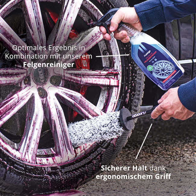 Strahlendes Ergebnis=>Dank ergonomischem Griff garantiert Dir unsere Felgenbürste perfekten Halt. Für ein optimales Ergebnis empfehlen wir außerdem unseren Felgenreiniger.