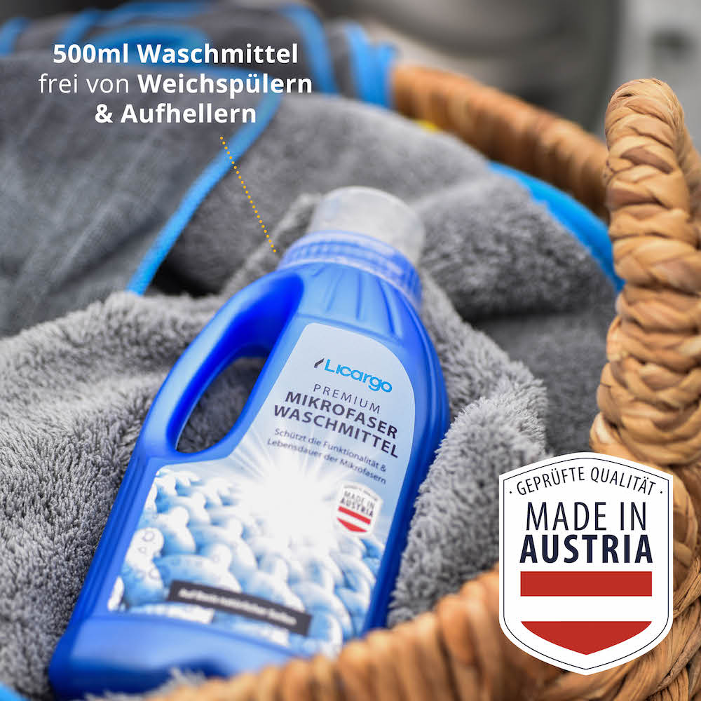 Auf Basis natürlicher Seifen=>Unser Mikrofaserwaschmittel setzt auf natürliche Seifen, verzichtet auf Weichspüler und Aufheller, und wird in Österreich hergestellt. Damit tragen wir aktiv zur Nachhaltigkeit bei.