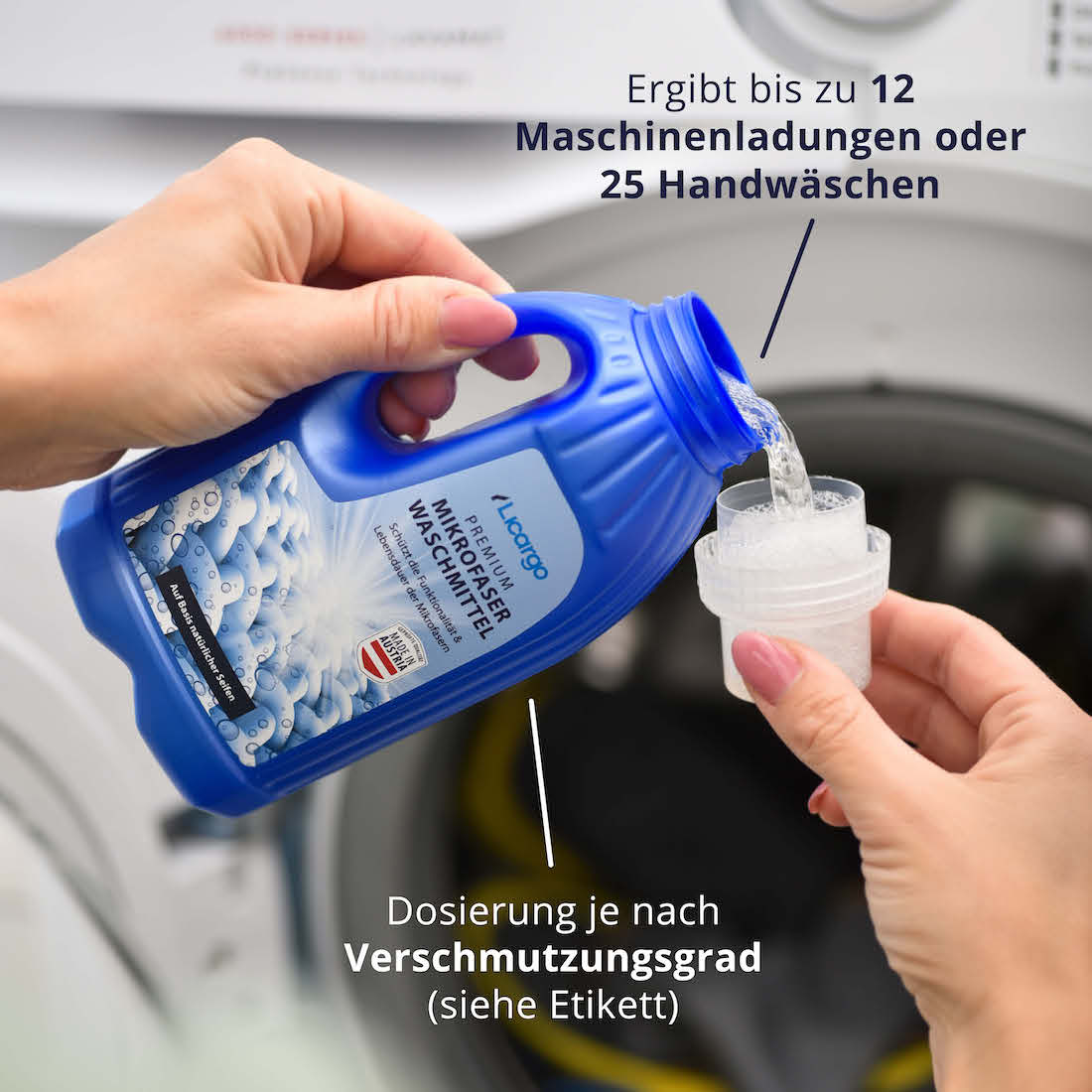 Informationen & Anwendung=>Unser Mikrofaserwaschmittel reicht, abhängig vom Verschmutzungsgrad der Mikrofaserprodukte, für bis zu 12 Maschinenladungen oder 25 Handwäschen.