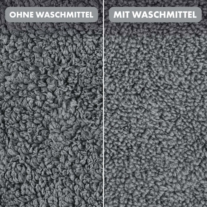 Vorher-Nachher-Effekt=>Im direkten Vergleich siehst Du, wie verklebte Fasern die Reinigungsleistung mit der Zeit verschlechtern. Überzeuge Dich selbst – schütze Deine Mikrofasern und erhalte ihre volle Power!