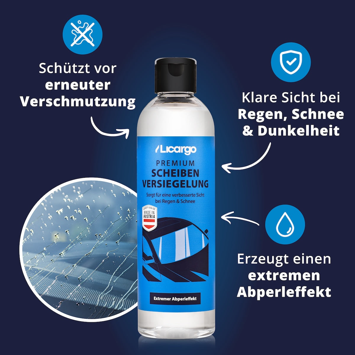 Mehr Sicherheit im Alltag=>Die Versiegelung bildet eine unsichtbare Schicht, die Wasser und Schmutz zuverlässig abweist. Das Ergebnis: klare Scheiben, weniger Wischaufwand und ein Plus an Sicherheit im Straßenverkehr.