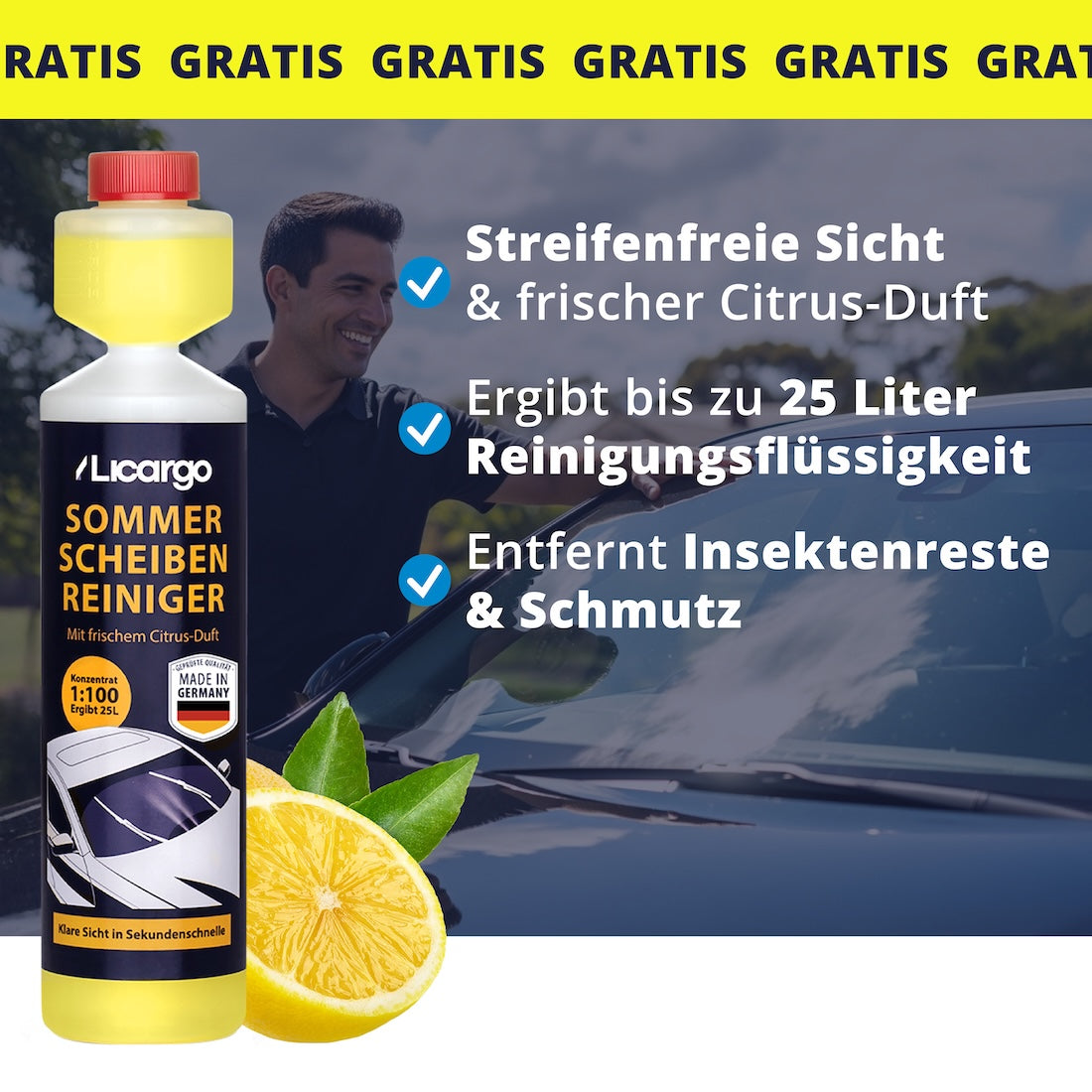 Ergiebig & erfrischend=>Das ergiebige Konzentrat entfernt zuverlässig Insektenreste und Straßenschmutz. Eine Flasche ergibt bis zu 25 Liter Scheibenwischwasser und sorgt für klare Sicht mit frischer Citrus-Note.