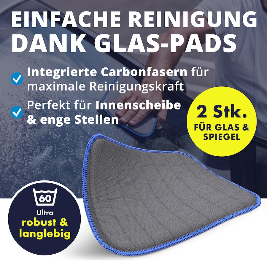 Pads mit Carbon-Kraft=>Smartes Design trifft auf maximale Reinigungskraft: Die hochwertigen Glas-Pads liegen perfekt in der Hand, nehmen Flüssigkeit zuverlässig auf und reinigen dank Carbonfasern gründlich, sanft und kratzerfrei.