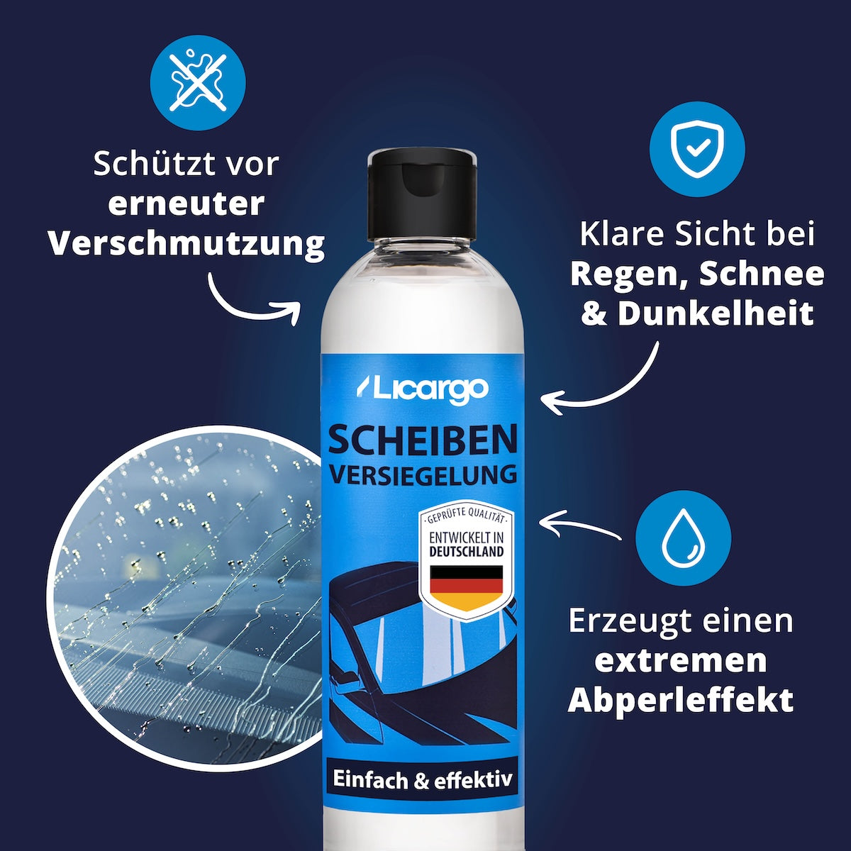 Mehr Sicherheit im Alltag=>Die Versiegelung bildet eine unsichtbare Schicht, die Wasser und Schmutz zuverlässig abweist. Das Ergebnis: klare Scheiben, weniger Wischaufwand und ein Plus an Sicherheit im Straßenverkehr.
