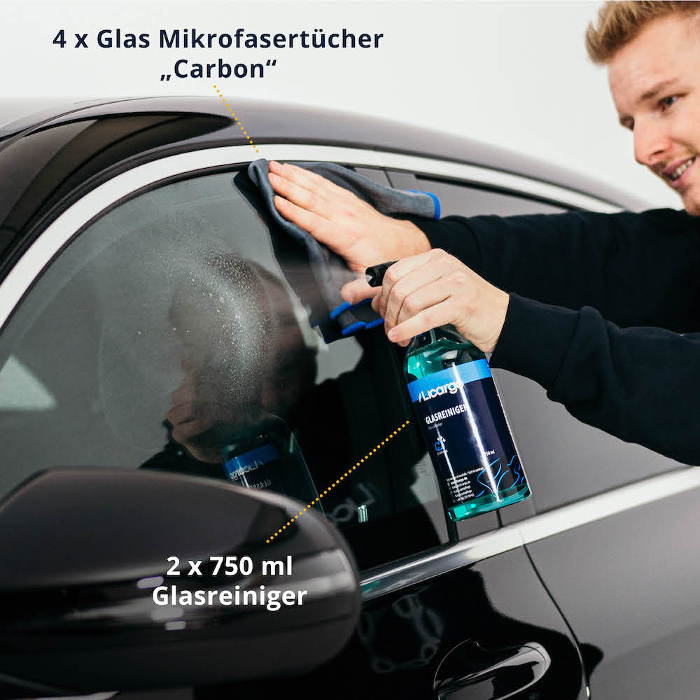 Effektive Glasreinigung=>Lieferumfang: 2x Glasreiniger 750 ml, 4x Glas Mikrofasertücher 350 GSM