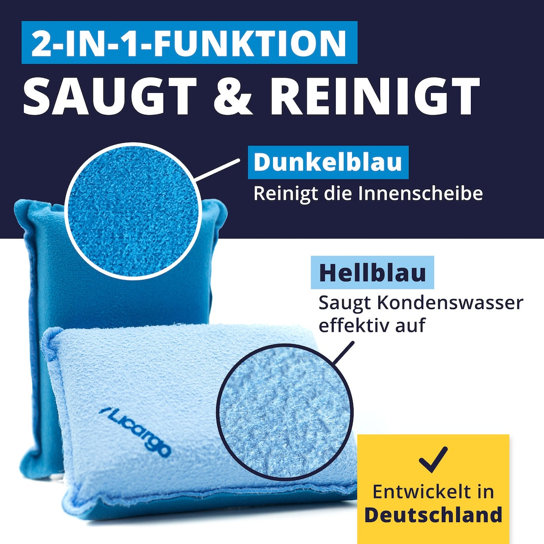 Zwei Seiten, doppelte Power=>Die innovative Faserstruktur ist ultra sanft und gleichzeitig effektiv: Die dunkle Seite entfernt Schmutz, die helle saugt Kondenswasser auf.