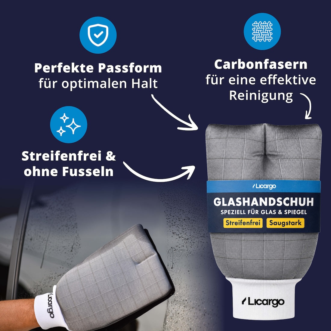 Innovativer Glashandschuh=>Der innovative Handschuh bietet maximalen Halt und kraftvolle Reinigungsleistung. Carbonfasern sorgen für schnelle, streifenfreie Ergebnisse – perfekt für jede Scheibeninnenseite.