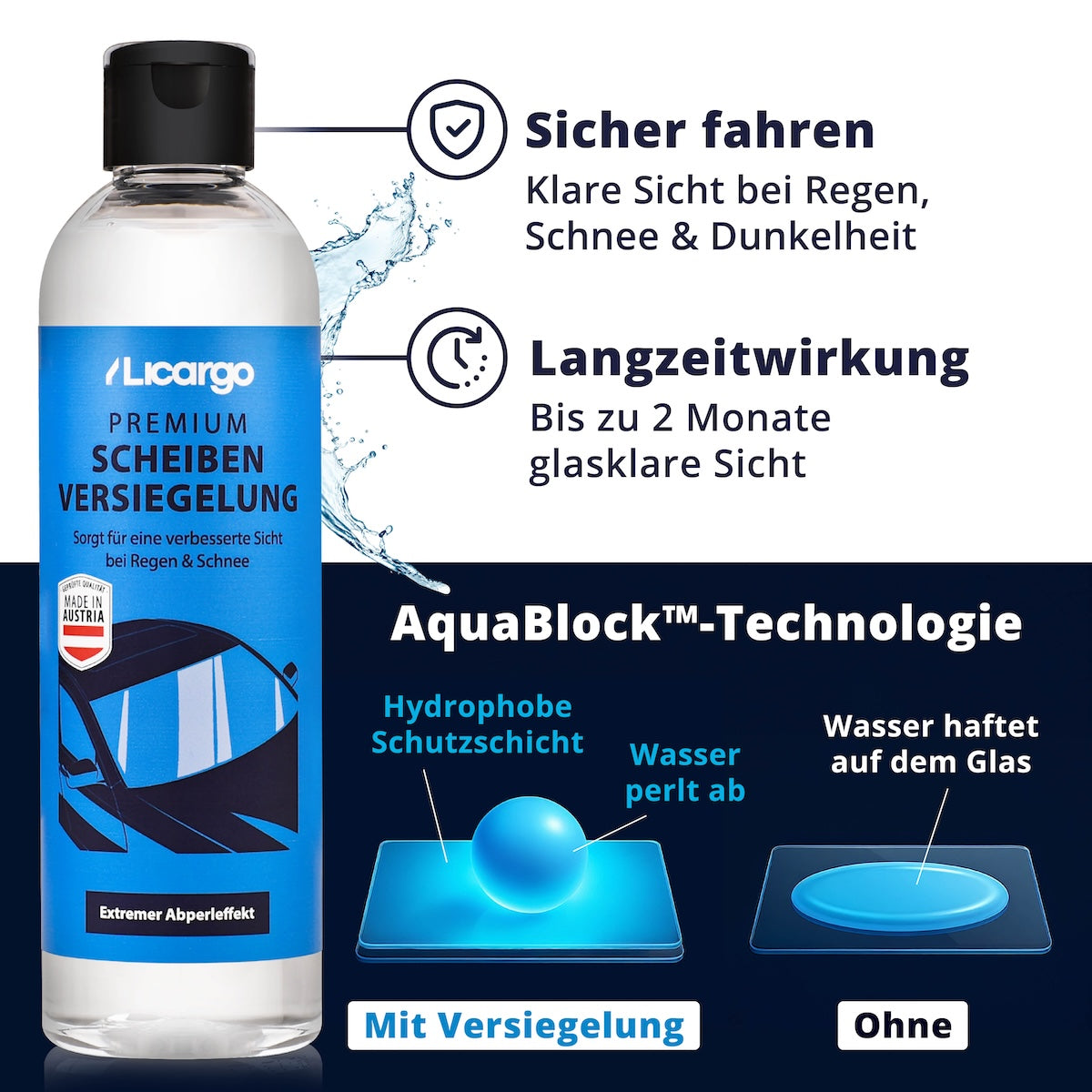 Langanhaltender Schutz=>Die revolutionäre AquaBlock™ Technologie bildet eine unsichtbare Barriere gegen Wasser und Schmutz. Für langanhaltend saubere Scheiben und eine unfassbar starke Abperl-Wirkung.