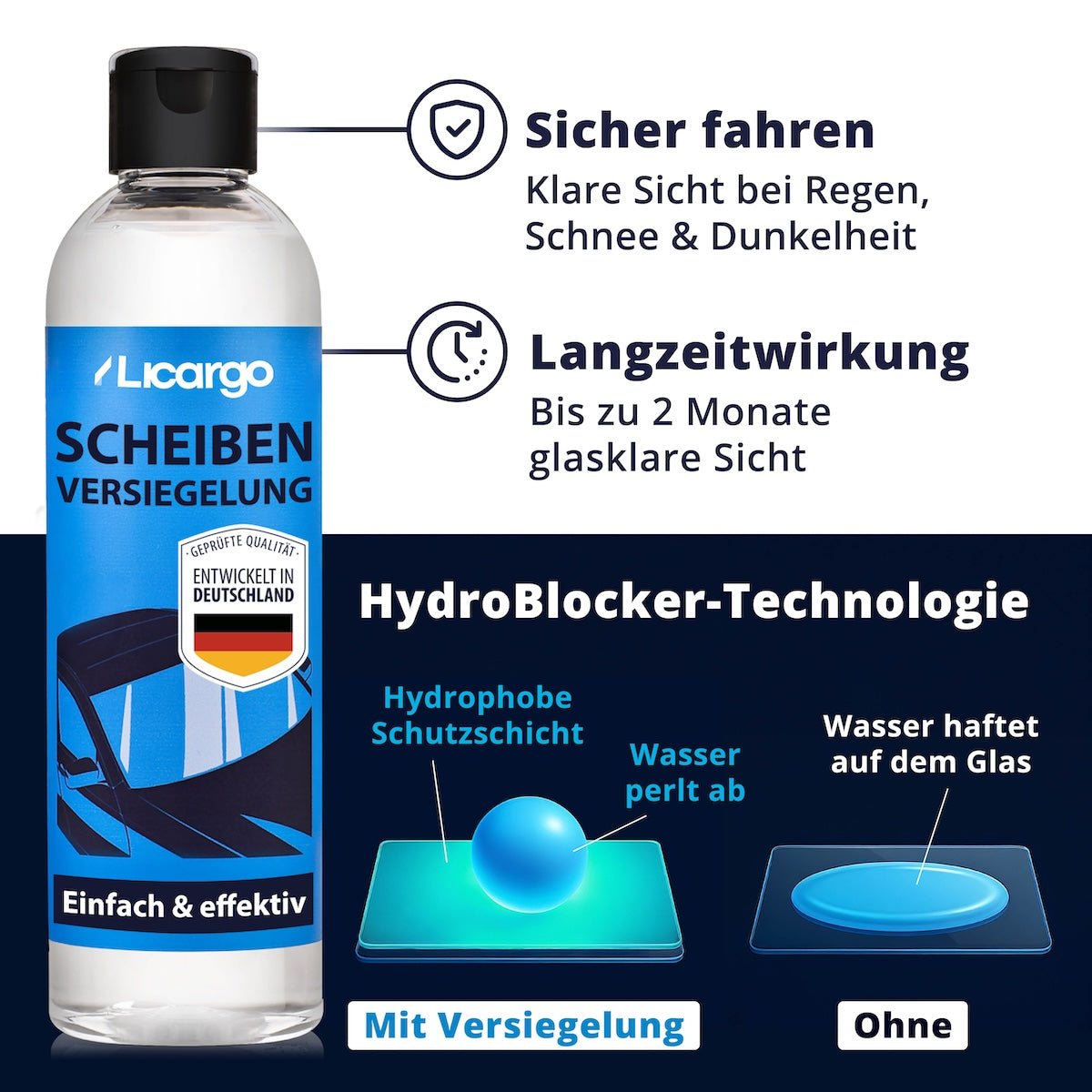 Langanhaltender Schutz=>Die revolutionäre HydroBlocker-Technologie bildet eine unsichtbare Barriere gegen Wasser und Schmutz. Für langanhaltend saubere Scheiben und eine unfassbar starke Abperl-Wirkung.