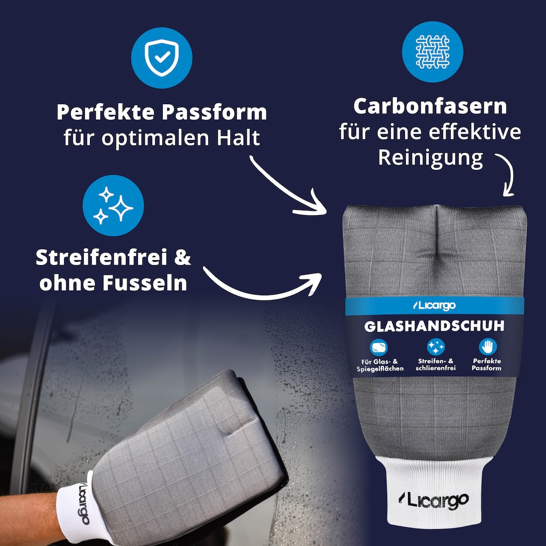 Innovativer Glashandschuh=>Der innovative Handschuh bietet maximalen Halt und kraftvolle Reinigungsleistung. Carbonfasern sorgen für schnelle, streifenfreie Ergebnisse – perfekt für jede Scheibeninnenseite.