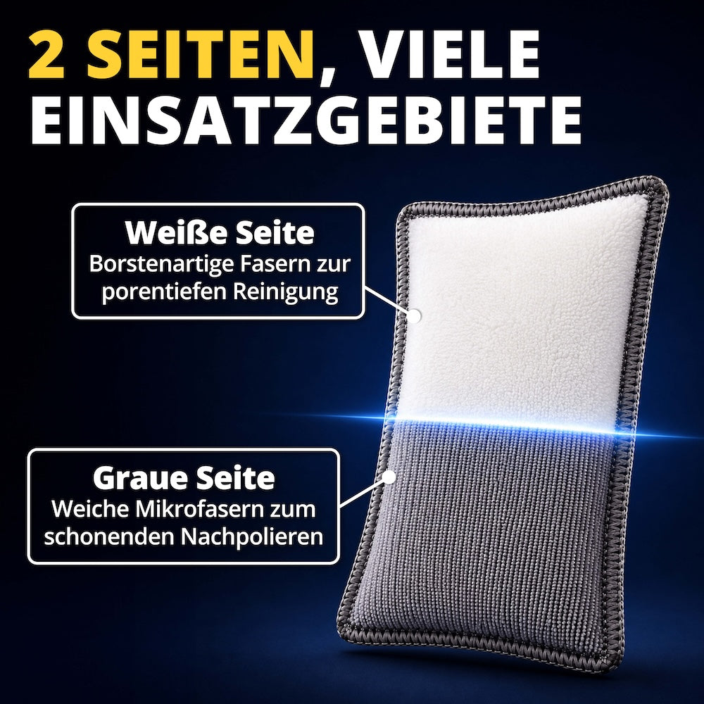Erst lösen, dann veredeln=>Die weiße Seite arbeitet den festsitzenden Schmutz heraus. Anschließend poliert die graue Mikrofaserseite die Fläche schlieren- und streifenfrei nach.
