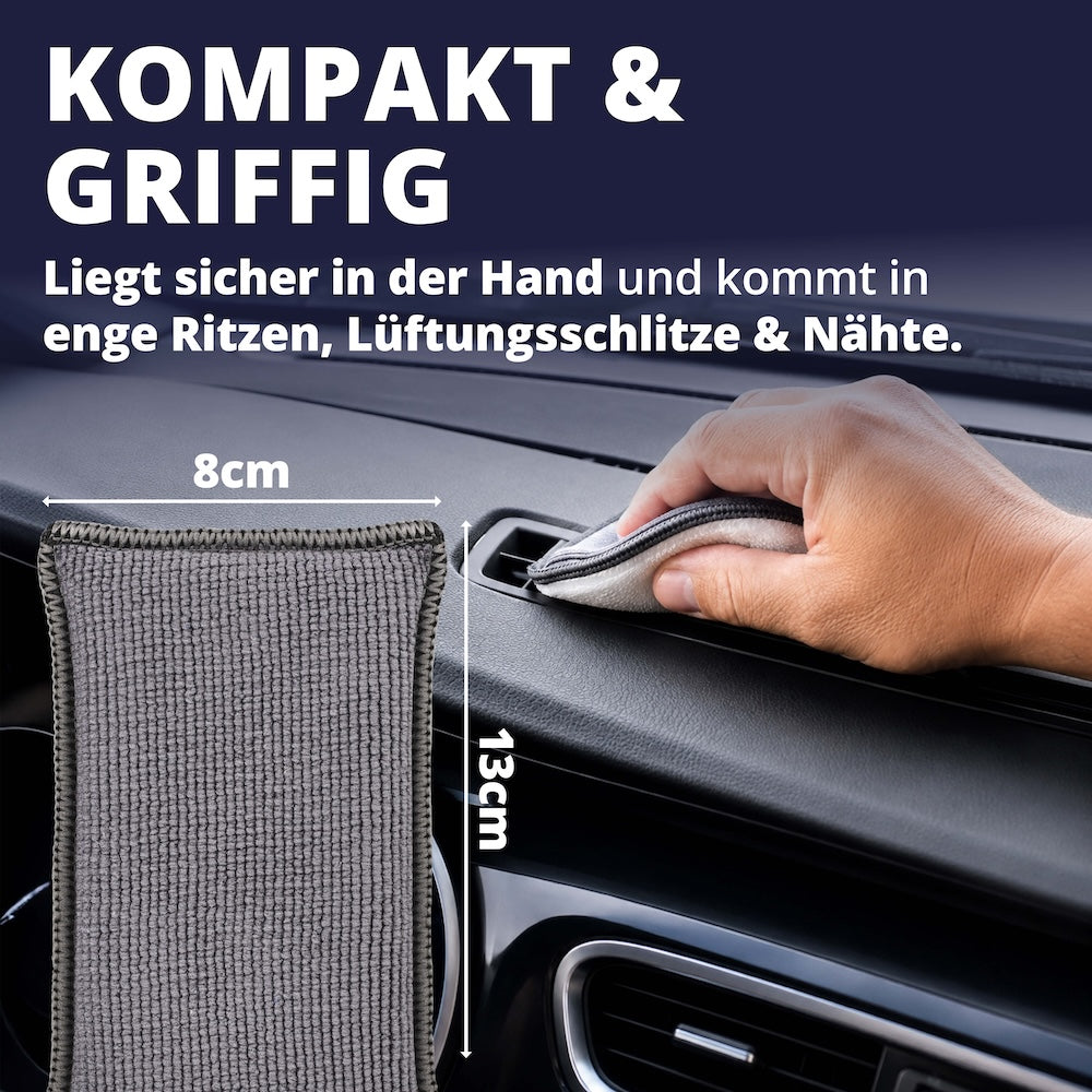 Gemacht für jede Ecke=>Mit 13 × 8 cm liegt das Pad sicher in der Hand und erreicht trotzdem Lüftungsschlitze, Nähte und enge Spalten. Schonender als eine Bürste, kraftvoller als ein bloßes Tuch.
