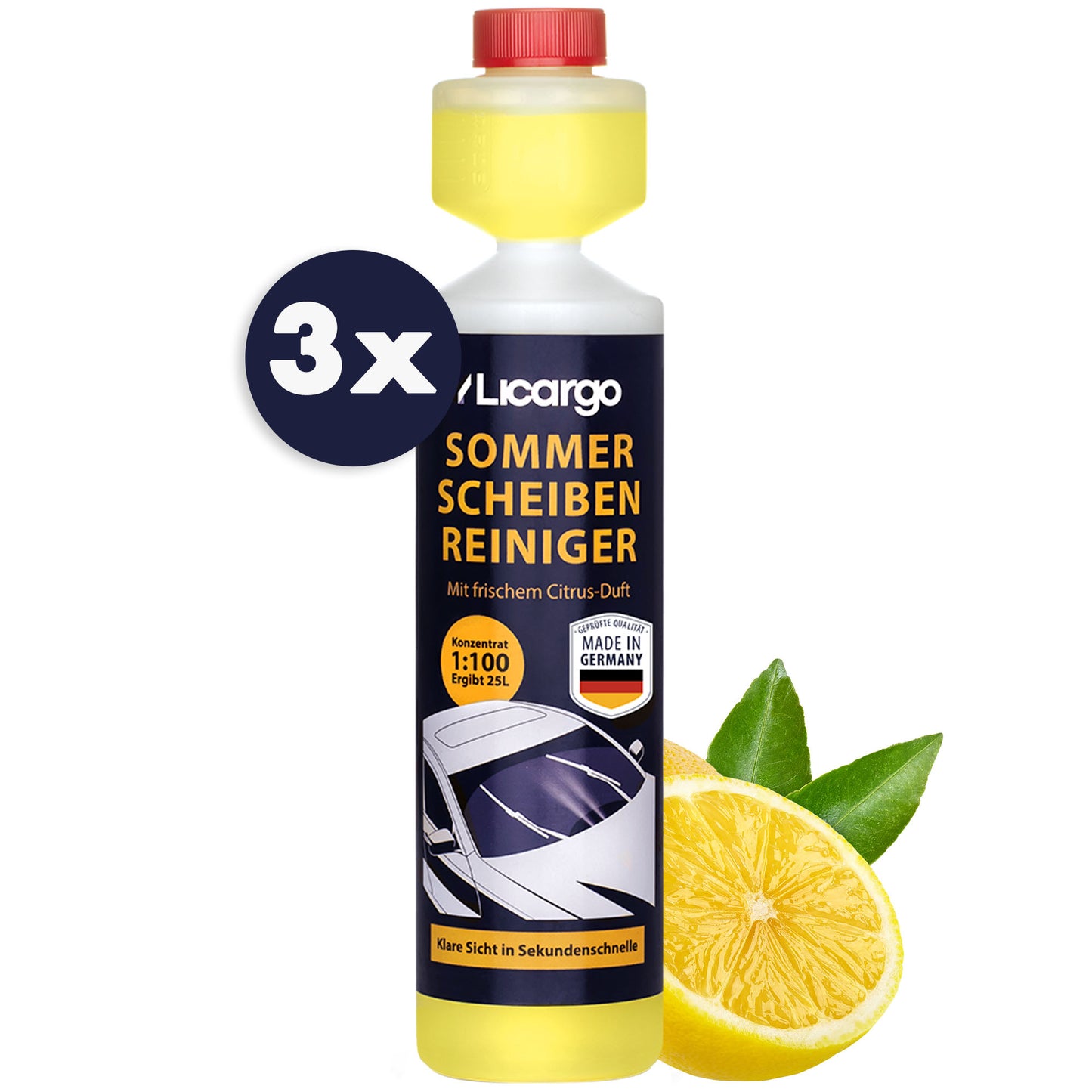 Kristallklare Scheiben=>Hinterlässt keine Flecken, sorgt für kristallklare Sicht mit frischem Citrus-Duft. Ideal für den Sommer.
