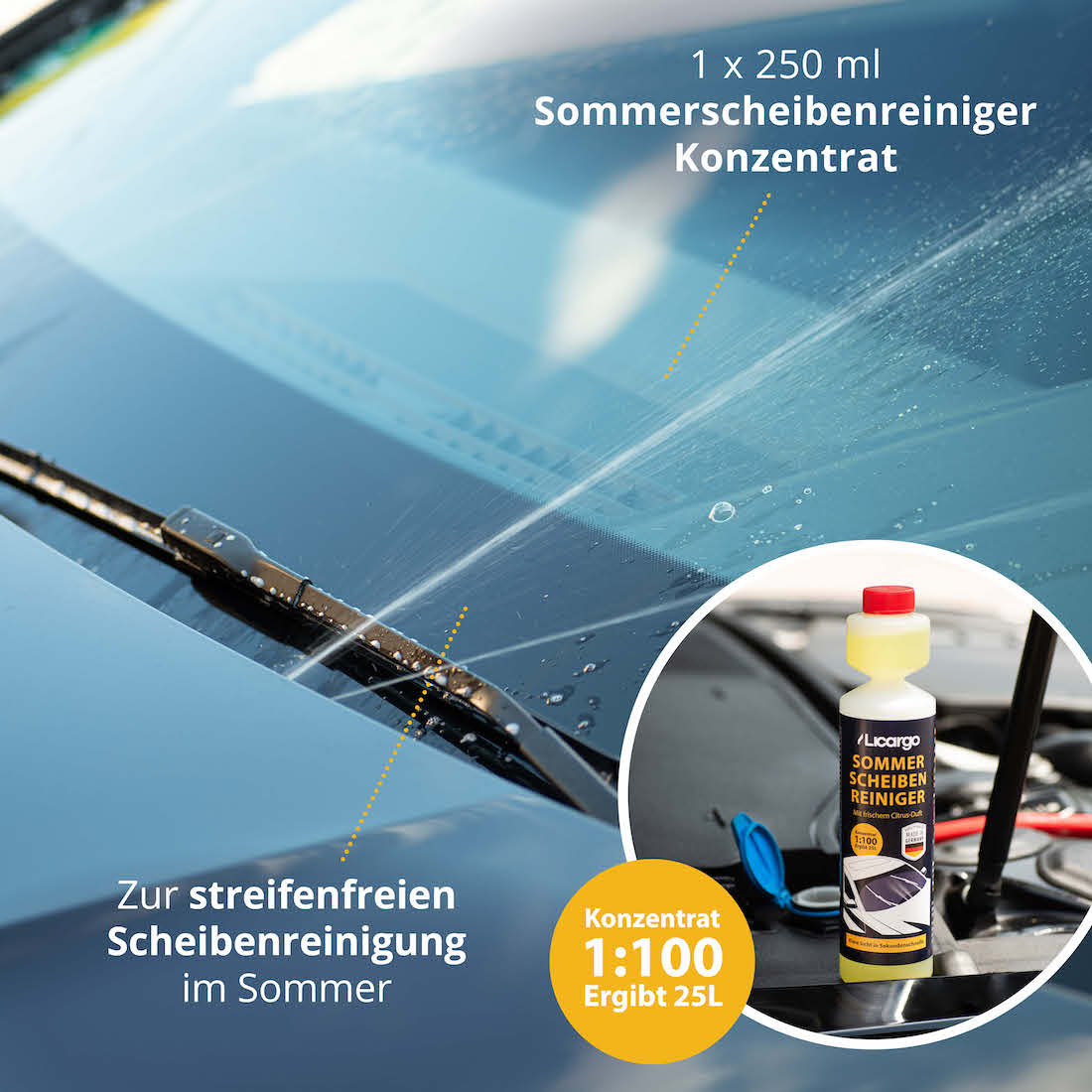 Ergibt 25L Reinigung=>1:100 Konzentrat, ergibt 25 Liter Reinigungsflüssigkeit. Perfekt für klare Sicht bei jeder Fahrt.