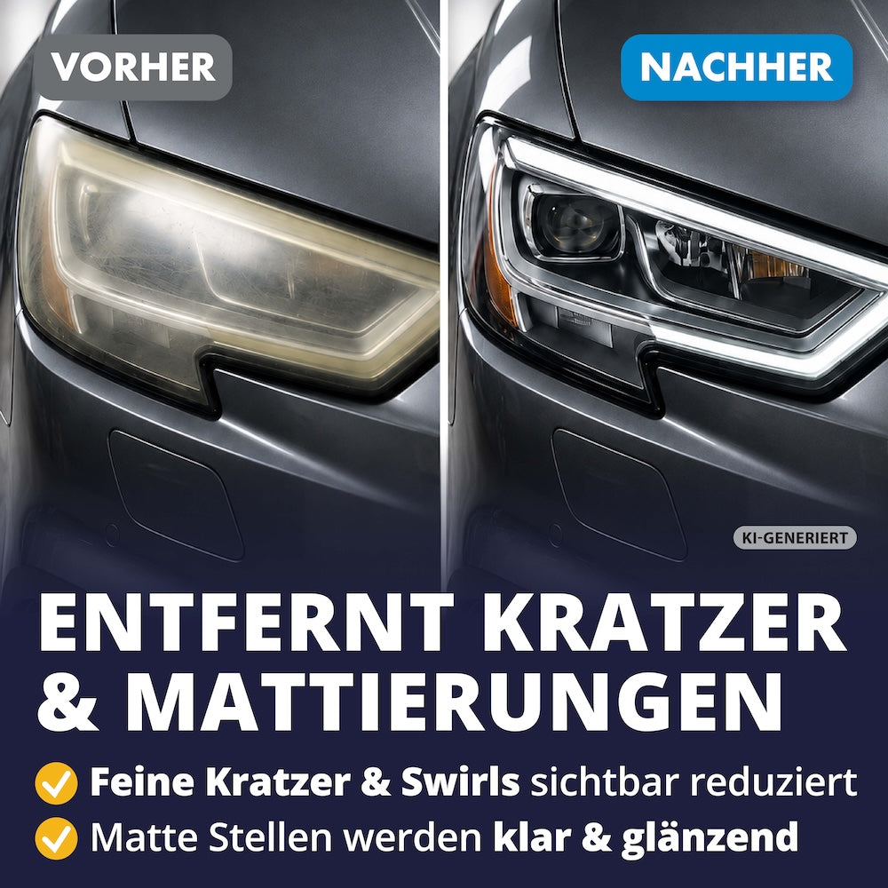 Trübe Scheinwerfer? Nicht mehr lange!=>Die feinen Polierkörper tragen Mattierungen und feine Kratzer gezielt ab, ohne die Oberfläche anzugreifen. Klarer Blick nach vorn statt milchiger Scheinwerfer.