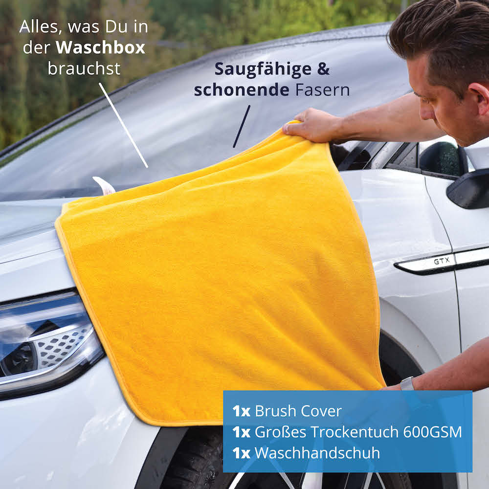 Effektiv waschen & trocknen=>Lieferumfang: 1x Großes Trockentuch 600GSM, 1x Brush Cover, 1x Waschhandschuh