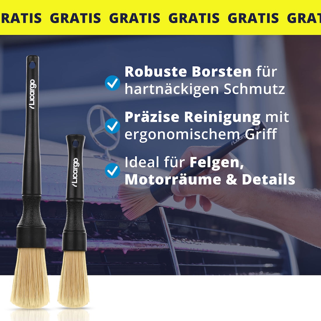 Bonus für perfekte Ergebnisse=>Kostenlose Profi-Pinsel mit starken Borsten für maximale Kontrolle. Ideal zur Reinigung von Felgen, Emblemen, Motorraum und kleinen Details – robust und extrem präzise.