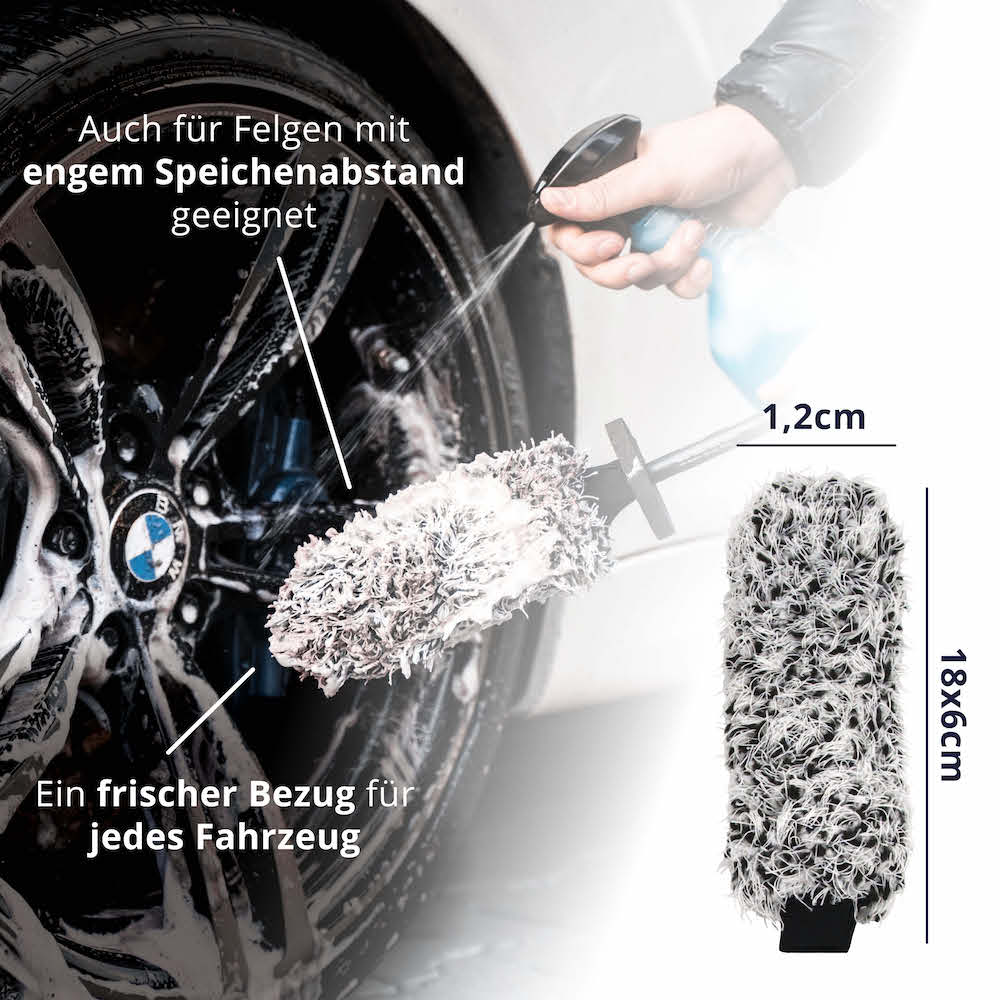 Für enge Speichenabstände=>Unsere Felgenbürste Professional eignet sich auch für besonders enge Speichenabstände. Dank dem Wechselbezug kann für jedes Fahrzeug ein neuer Bezug verwendet werden.