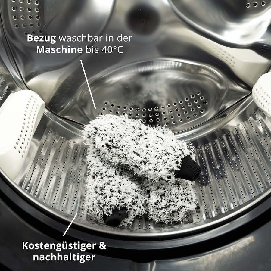 Dein Langzeitpartner=>Der wiederverwendbare Mikrofaserbezug eignet sich für eine Maschinenwäsche bei bis zu 40°C und ermöglicht so eine nachhaltige Lösung für Deine Felgenreinigung.