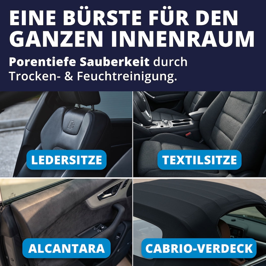 Vielseitig einsetzbar=>Ob empfindliches Leder, Stoffpolster oder Alcantara – die Bürste eignet sich für zahlreiche Materialien im Fahrzeug. Auch strukturierte Oberflächen lassen sich damit gründlich reinigen.