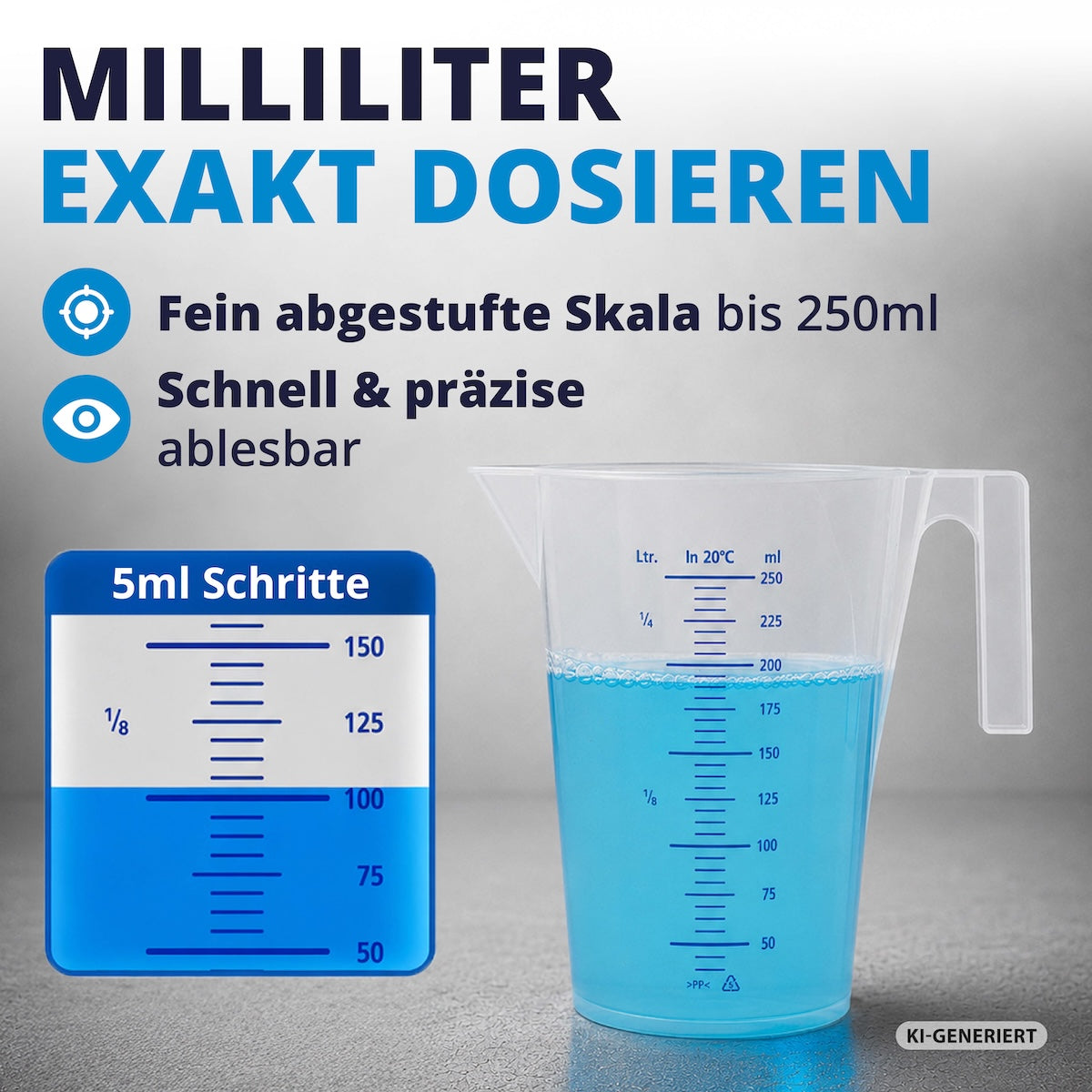 Exakt ablesen=>Die kontrastreiche Milliliter-Skala ermöglicht ein schnelles und präzises Ablesen. Ideal für alle, die Wert auf exakte Mischverhältnisse legen.