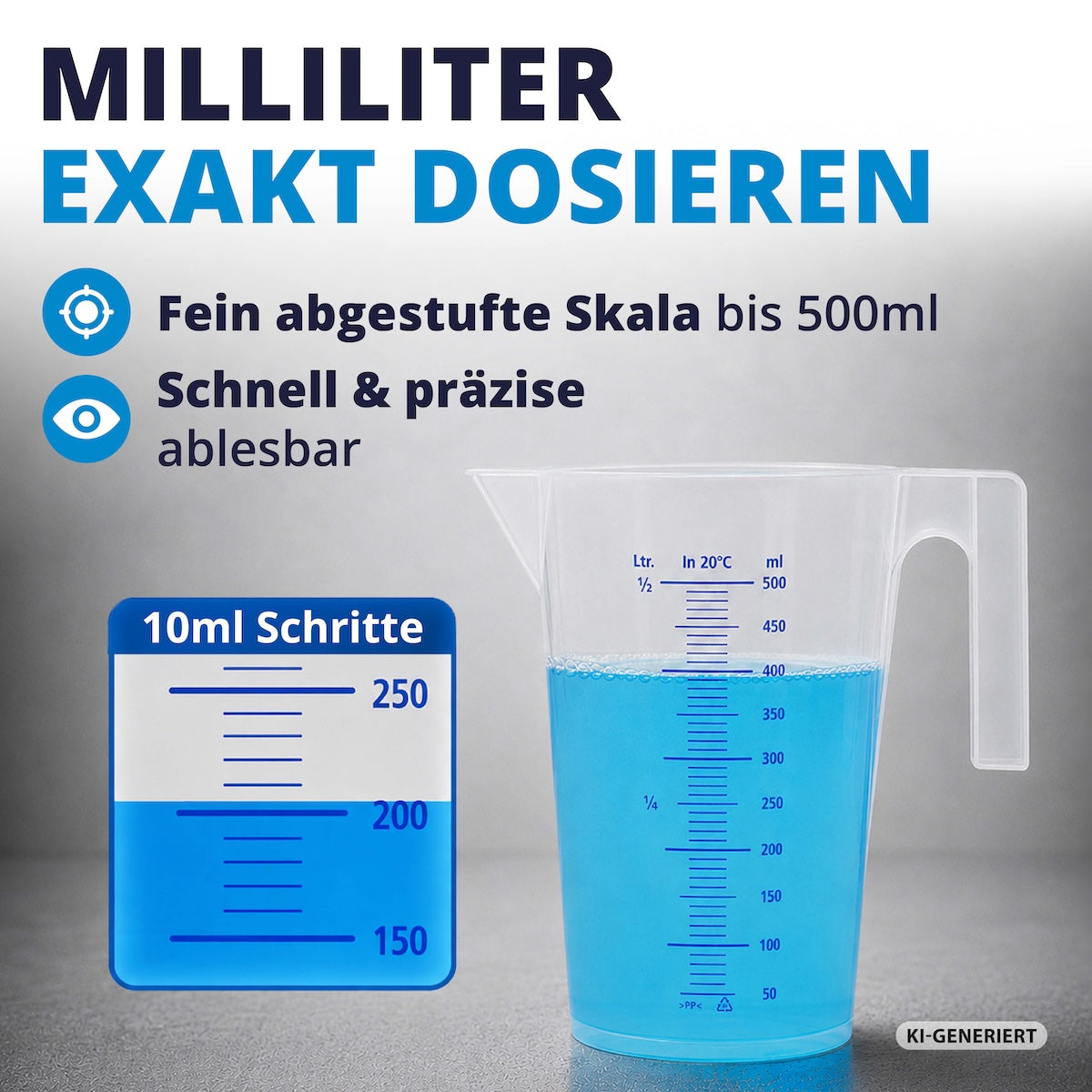Exakt ablesen=>Die kontrastreiche Milliliter-Skala ermöglicht ein schnelles und präzises Ablesen. Ideal für alle, die Wert auf exakte Mischverhältnisse legen.