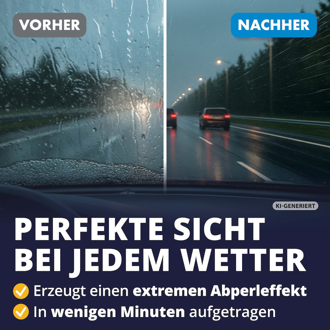 Mehr Sicherheit beim Fahren=>Ob bei Regen, Dunkelheit oder Schneefall – die Versiegelung sorgt für eine verbesserte Sicht und somit für ein ruhigeres, sicheres Fahrgefühl.