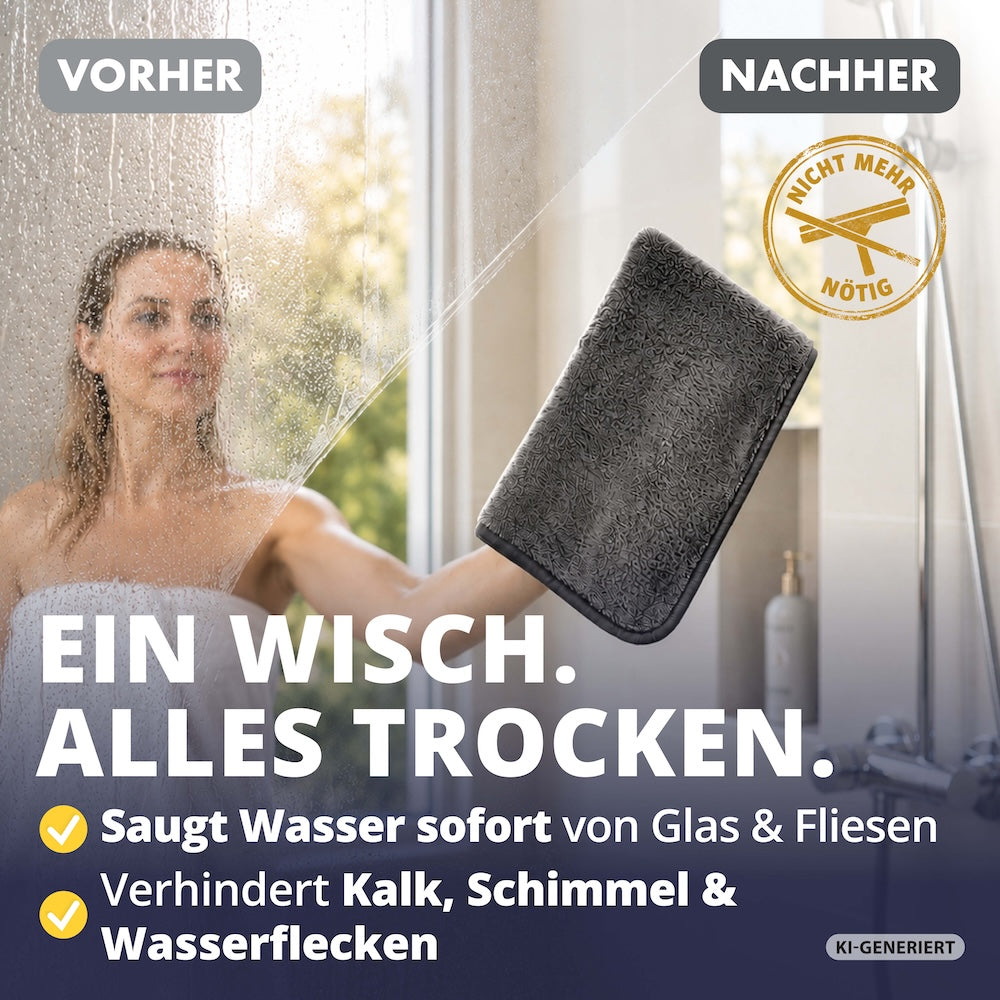 Schluss mit dem Duschabzieher=>Das Tuch zieht Wasser in einem Zug von Glas und Fliesen – ganz ohne Schlieren, Wasserflecken oder Kalkrand am nächsten Morgen.