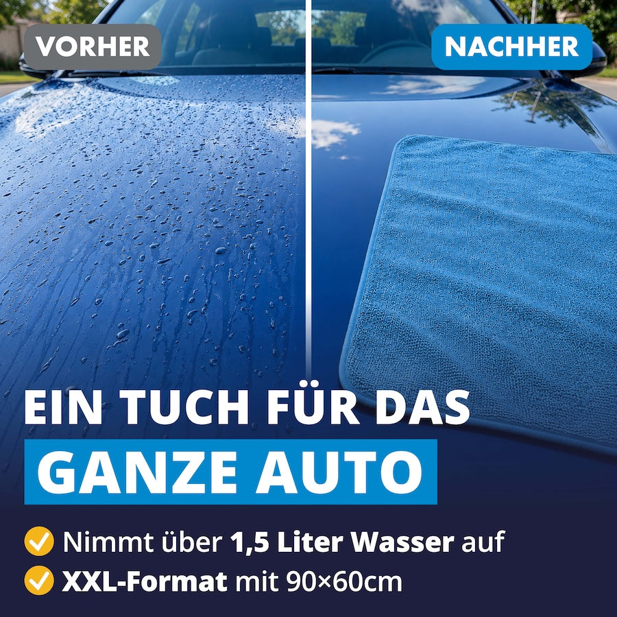 Unfassbare Saugkraft=>Die innovative Mikrofaser-Technologie entfesselt extreme Saugkraft und nimmt über 1,5 Liter Wasser auf. Ein einziges Tuch reicht, um Dein Auto vollständig und makellos zu trocknen.