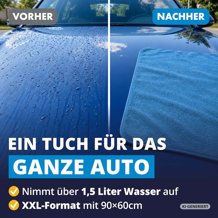 Unfassbare Saugkraft=>Die innovative Mikrofaser-Technologie entfesselt extreme Saugkraft und nimmt über 1,5 Liter Wasser auf. Ein einziges Tuch reicht, um Dein Auto vollständig und makellos zu trocknen.