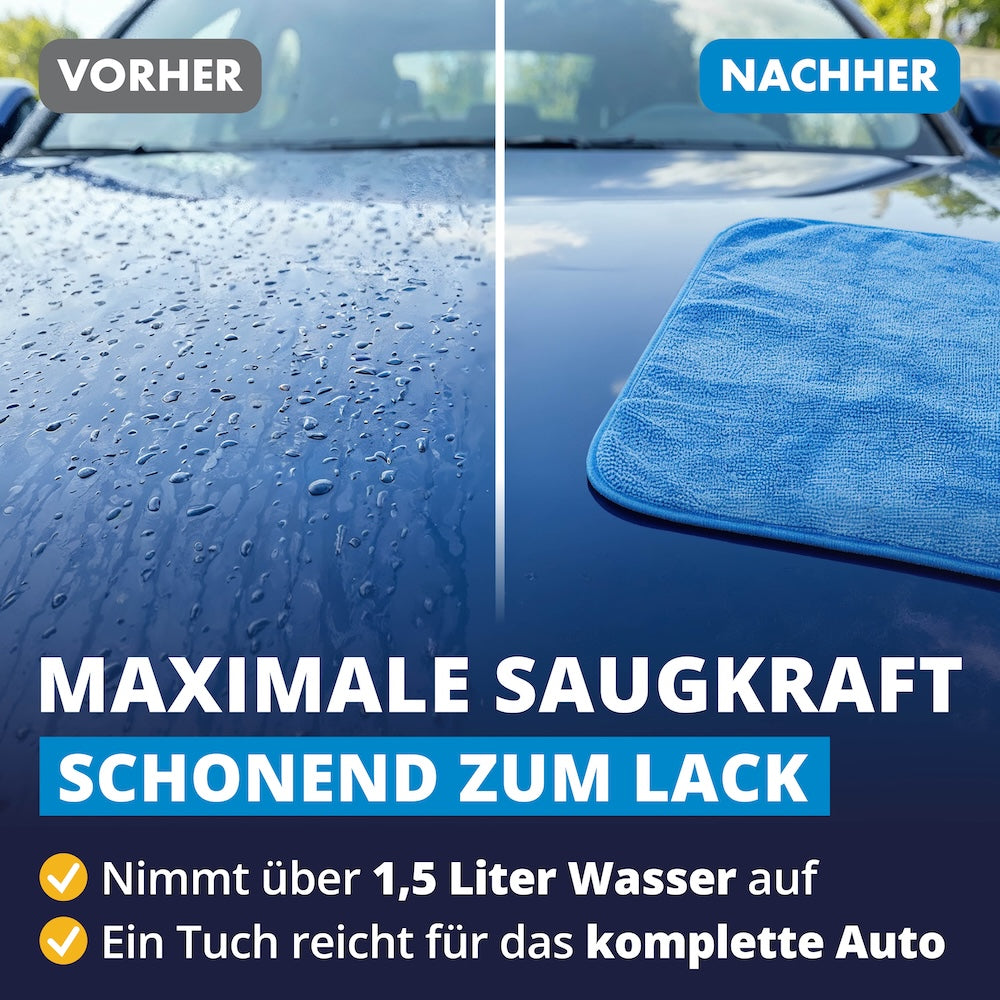 Unfassbare Saugkraft=>Die innovative Mikrofaser-Technologie entfesselt extreme Saugkraft und nimmt über 1,5 Liter Wasser auf. Ein einziges Tuch reicht, um Dein Auto vollständig und makellos zu trocknen.