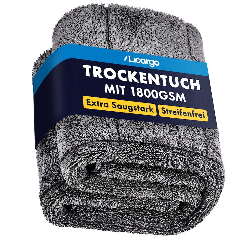 XXL Trockentuch mit 1800 GSM=>Das dichte Twisted-Loop-Gewebe nimmt Wasser schon im ersten Zug auf und trocknet selbst große Karosserien gründlich – für ein streifenfreies Finish nach jeder Wäsche.