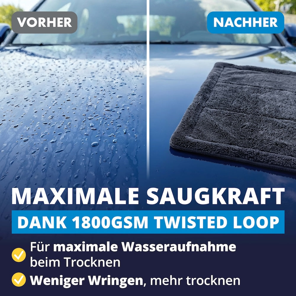 Saugt das Sechsfache seines Gewichts=>Die dichte 1800-GSM-Faser nimmt das Sechsfache ihres Eigengewichts an Wasser auf und bindet auch Pflegemittel zuverlässig – ein Tuch genügt fürs ganze Auto.