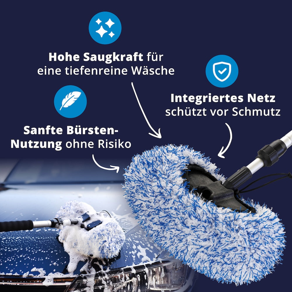 Innovatives Schutz-Netz=>Schluss mit der Angst vor verkratztem Lack! Die Kombination aus schützendem Netz und ultraweicher Mikrofaser garantiert dir eine absolut kratzfreie, gründliche Reinigung – egal wie schmutzig die Bürste ist.