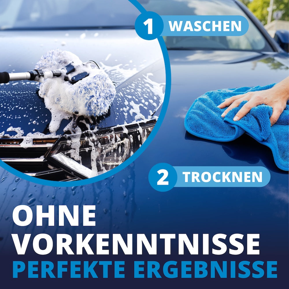Kinderleichte Anwendung=>Dieses intuitive System macht die Autopflege zum absoluten Kinderspiel. Wasche und trockne dein Fahrzeug sicher und effizient für einen beeindruckenden, langanhaltenden Showroom-Glanz ohne Risiko.