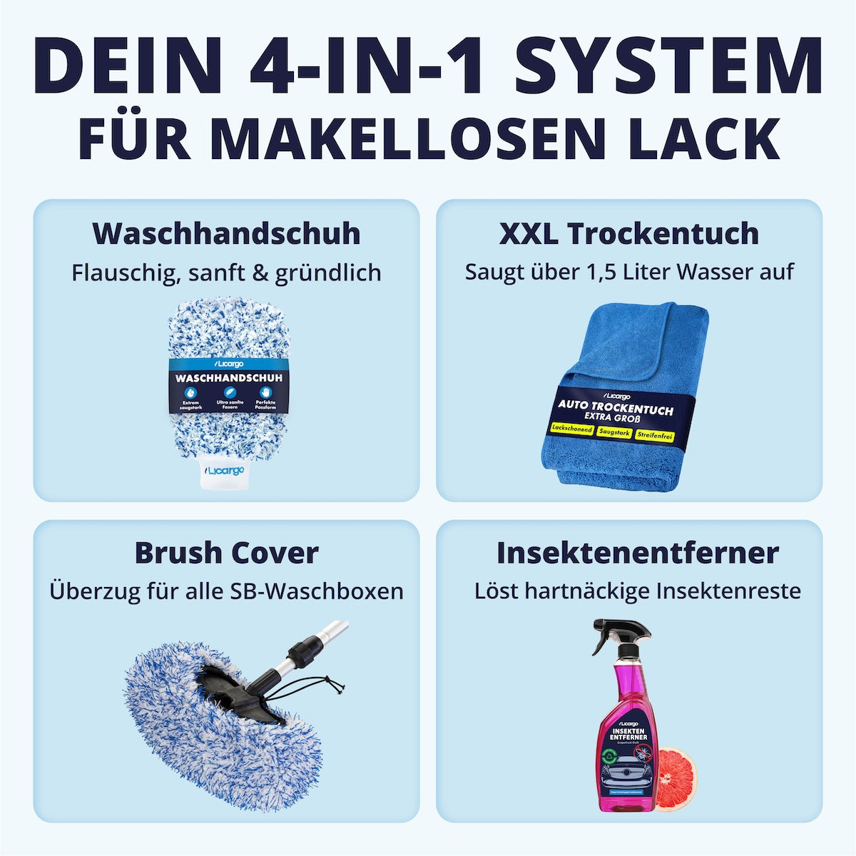 Kompromissloses System=>Dieses innovative Set macht die Lackpflege zum Kinderspiel. Löse hartnäckigen Schmutz mit dem Insektenentferner, wasche sanft mit Handschuh und Bürstenüberzug und trockne blitzschnell mit dem XXL Tuch – für ein Ergebnis wie vom Profi.
