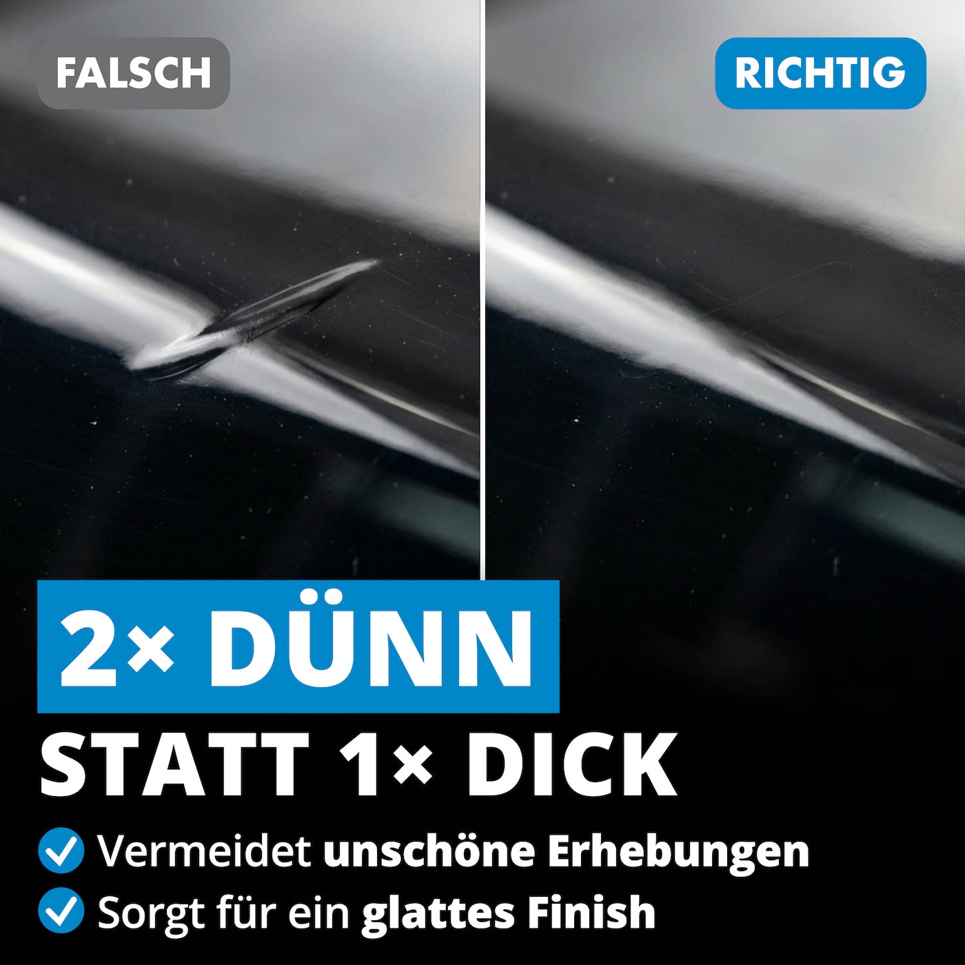 Profi-Tipp zur Anwendung=>Mehrere dünne Aufträge sorgen für ein gleichmäßiges Finish ohne Erhebungen. So fügt sich die Reparatur optisch sauber in den Originallack ein.